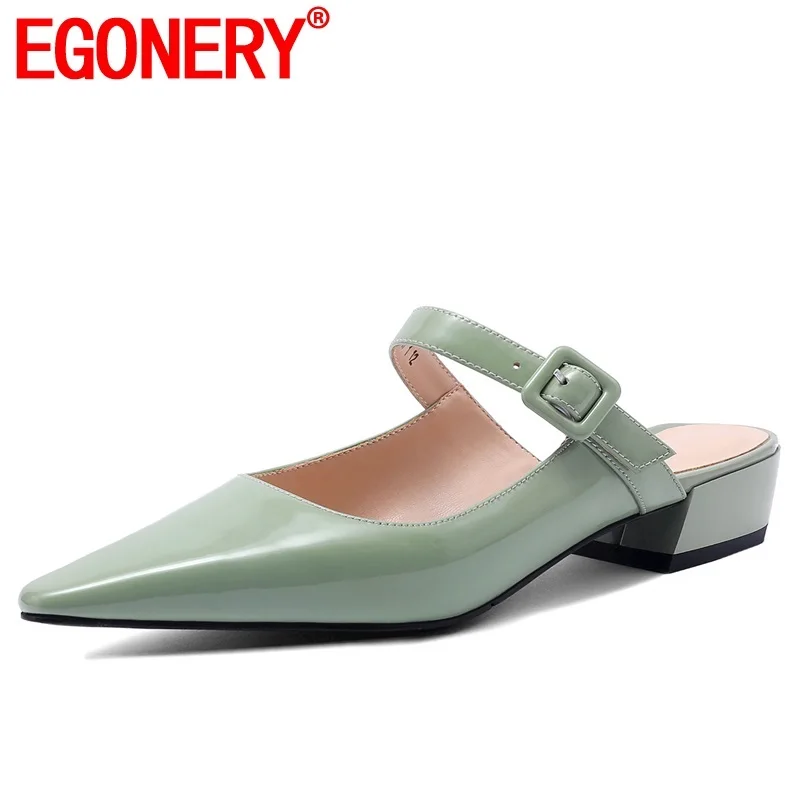 

EGONERY shoes woman summer new fashion patent leather woman slippers outside low square heels pointed toe buckle ladies shoes