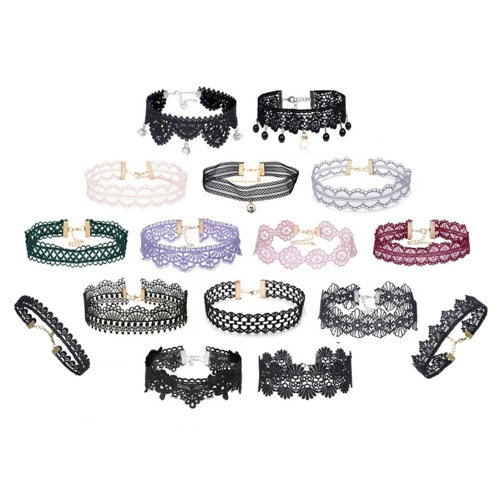 16 Pcs Special Design Women Fashion Jewelry Chokers Set Different Lace Chokers Black Pink Wide Beads