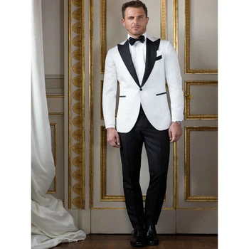 

2018 New Formal Black Peaked Lapel White mens Blazer Groom Suits For Men Wedding Tuxedos Best Man Suit Bridegroom (Jacket+Pants)