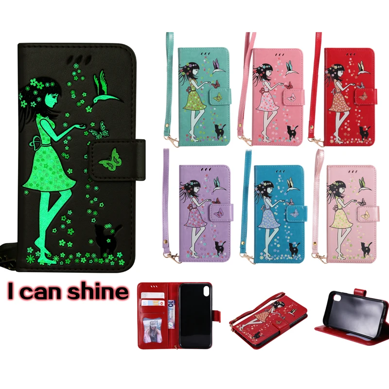 

Luminous Girl Glow Leather Flip Wallet Soft Phone Silicone Cases Cover Shell Coque Fundas Capa Caja for Apple iPhone XR 6.1inch