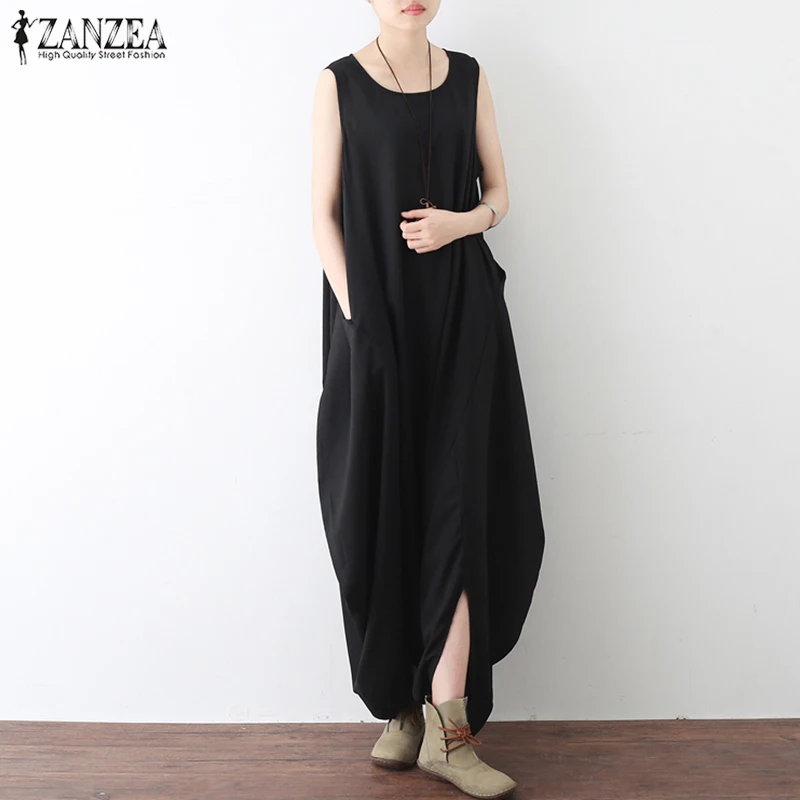 Rompers Women Jumpsuit Summer ZANZEA Long Playsuit Overalls Solid Casual Loose Sleeveless Pockets Maxi Robe Femme Plus Size
