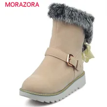 MORAZORA/ г., Новое поступление, Зимние ботильоны женские зимние ботинки с круглым носком однотонные теплые ботинки с пряжкой однотонная женская обувь из флока