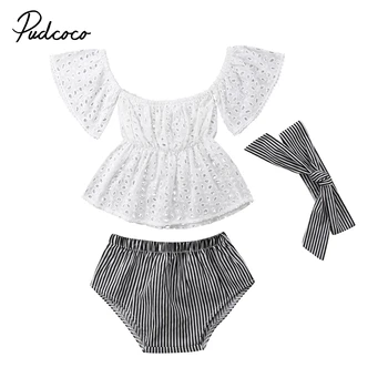 

3Pcs Summer Clothes Set Toddler Baby Girl Lace Off Shoulder Top Infant Baby High Waist Stripe Shorts Headband Outfit Clothes