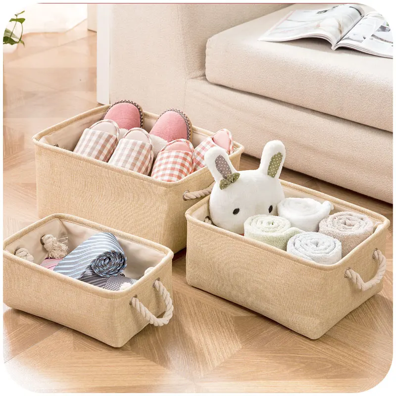 

Plain linen fabric with handle storage baskets, toys, clothes closet organize storage box