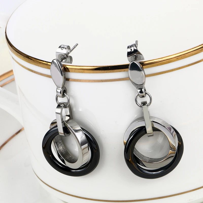 Women Double Round Circle Earrings Ceramic Steel Drop Earring Black Color Elegant Lady Fashion Jewelry Girl Wedding Party Gifts