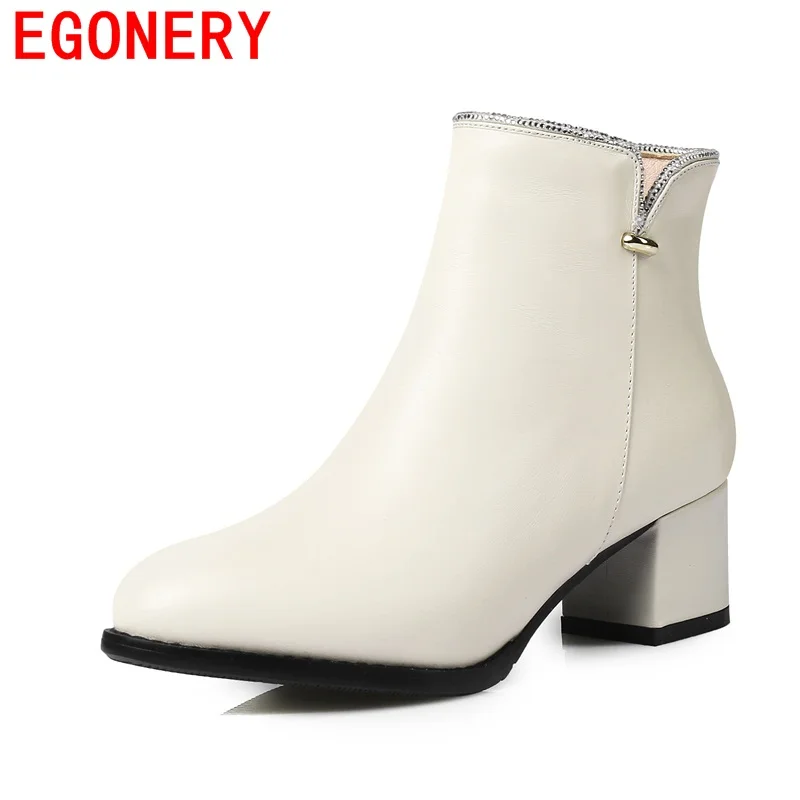 

EGONERY ankle boots popular genuine cow leather women thick heels breathable princess office lady side zipper winter boots