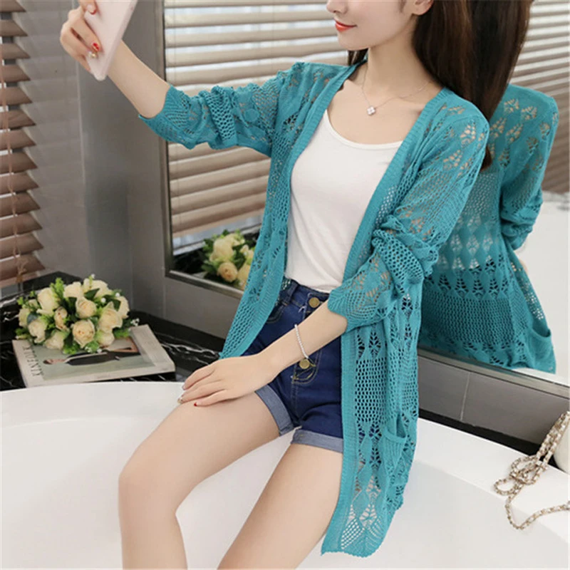 

2017 Spring and Autumn Women's Slim Medium-long Cardigan Hollow Out Knitted Sweaters Sunscreen Fashion Beach Cardigan Summer