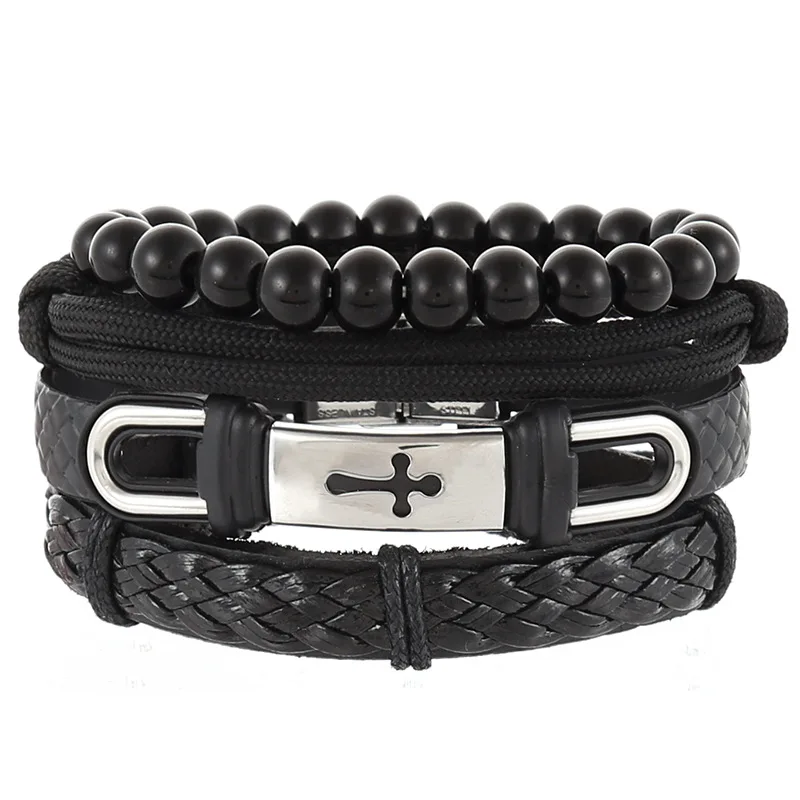 Производитель напрямую продает Простой Ретро Плетеный скот кожаный браслет, браслет, браслет из нержавеющей стали крест мужской браслет