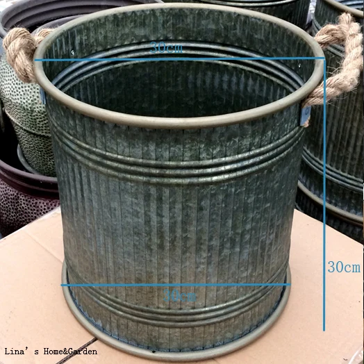 stripe cylinder hand crafted antique galvanized flower bucket with hemp rope handles (2)