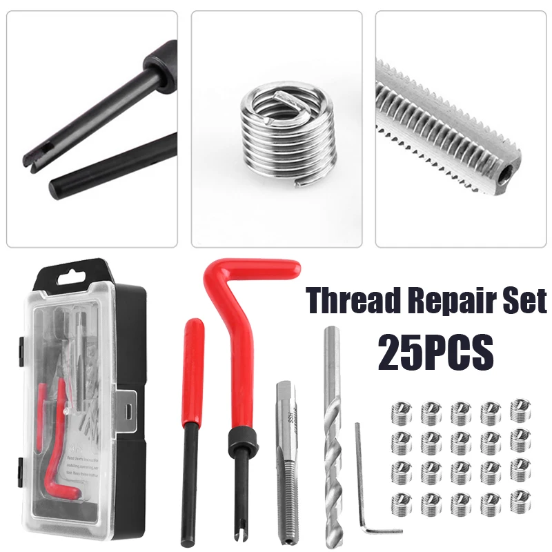 

Car Repair Tools 25Pcs Thread Restore Tool Set Helicoil Repair Recoil Insert Kit M6 X 1.0 X 8.0mm Auto Repair High Speed Steel
