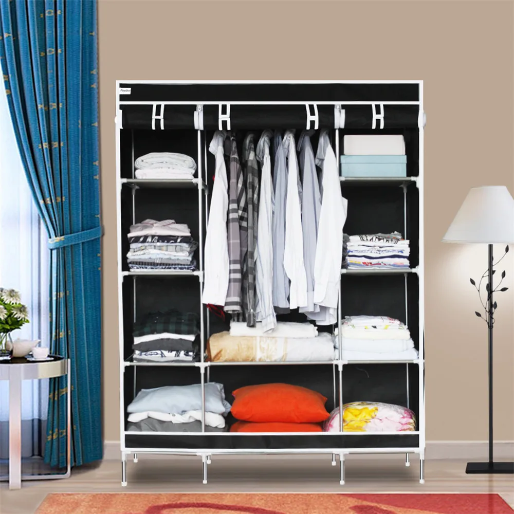 Finether Double Modular Metal Framed Non-Woven Fabric Wardrobe-Black6