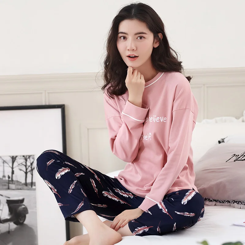 

Large Size M-XXL Women Pajamas Sets Soft Nightwear Spring Autumn Long Sleeve Pyjamas Print Sleepwear Female Pijamas Mujer