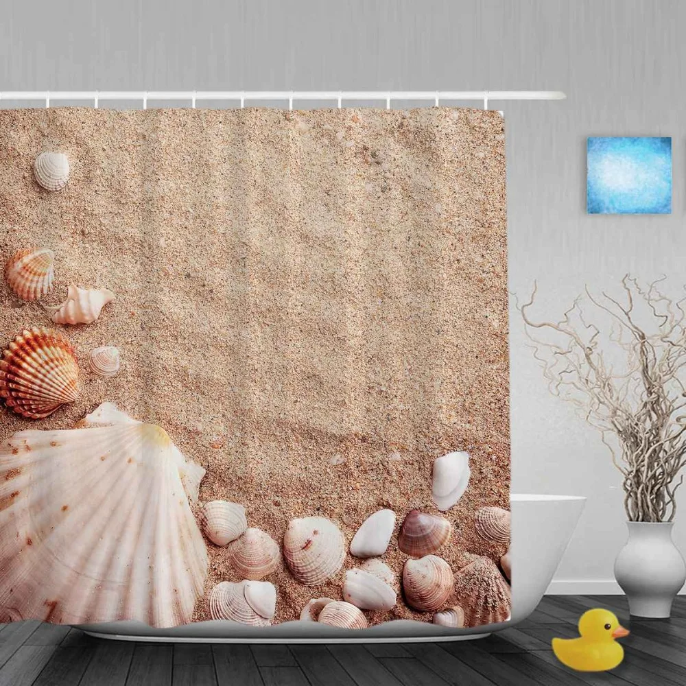 Beautiful Seaside Scenery Bathroom Shower Curtain Shell On Sand Decor