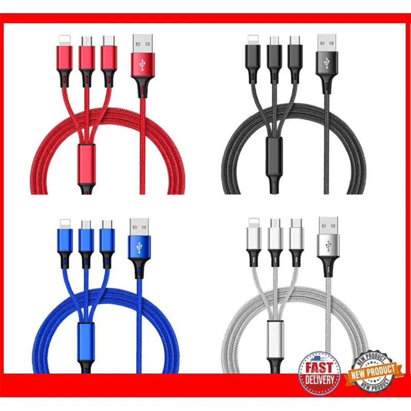 

3 in 1 Fast Charge USB Data Cable for Micro USB Type C for Lightning Samsung Xiaomi LG Tablet Android Mobile Phone Charging Cord