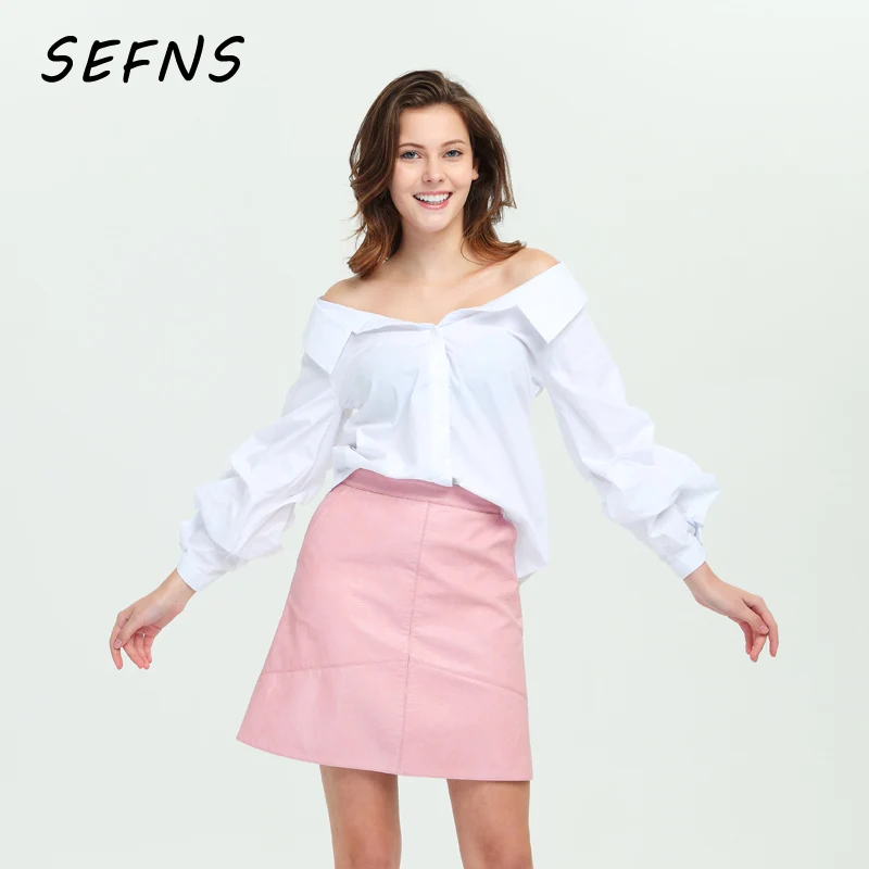 

SEFNS low cut chic shirts turn down collar elegant female casual brand tops blusas gathered sleeve striped cotton white blouse