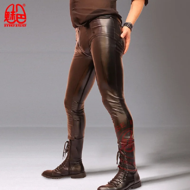 Fad человек плюс размер искусственная кожа PU Блестящий Панк карандаш брюки имитация латекса брюки глянцевые эластичные узкие брюки