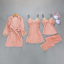 Женский сексуальный велюровый пижамный комплект из 4 предметов, Халат+ ночная рубашка+ Топ без застежки+ штаны, кружевной халат, комплект осенне-зимней одежды для сна, комплект домашней одежды