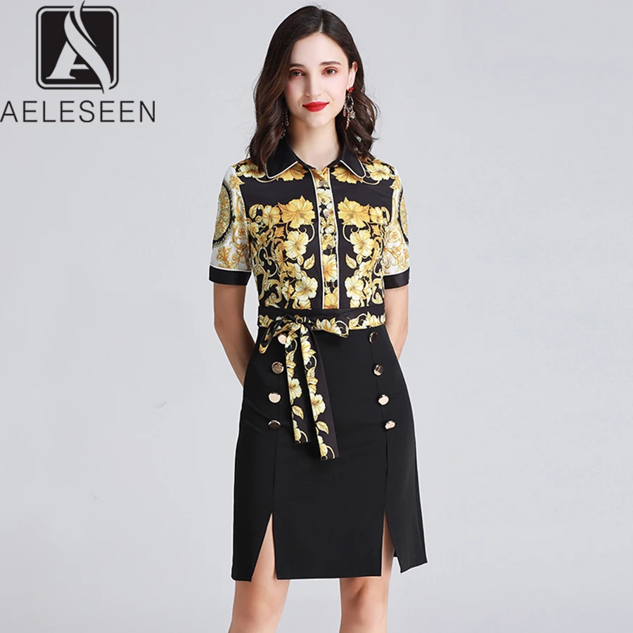 

AELESEEN High Quality Office Lady Dresses Summer 2019 Golden Flower Printed Single-Breasted Metal Button Bow Belt Work Dress