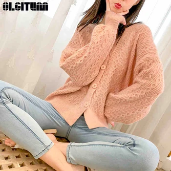

OLGITUM Sweater Women Cardigan Twist Spring And Autumn 2020 New Loose Korean Single-breasted V-neck Knit Cardigan Female SW1425