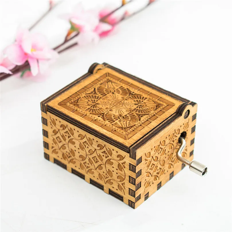 1pc Antique Carved Wooden Hand Crank Music Box Mechanical Classic Theme