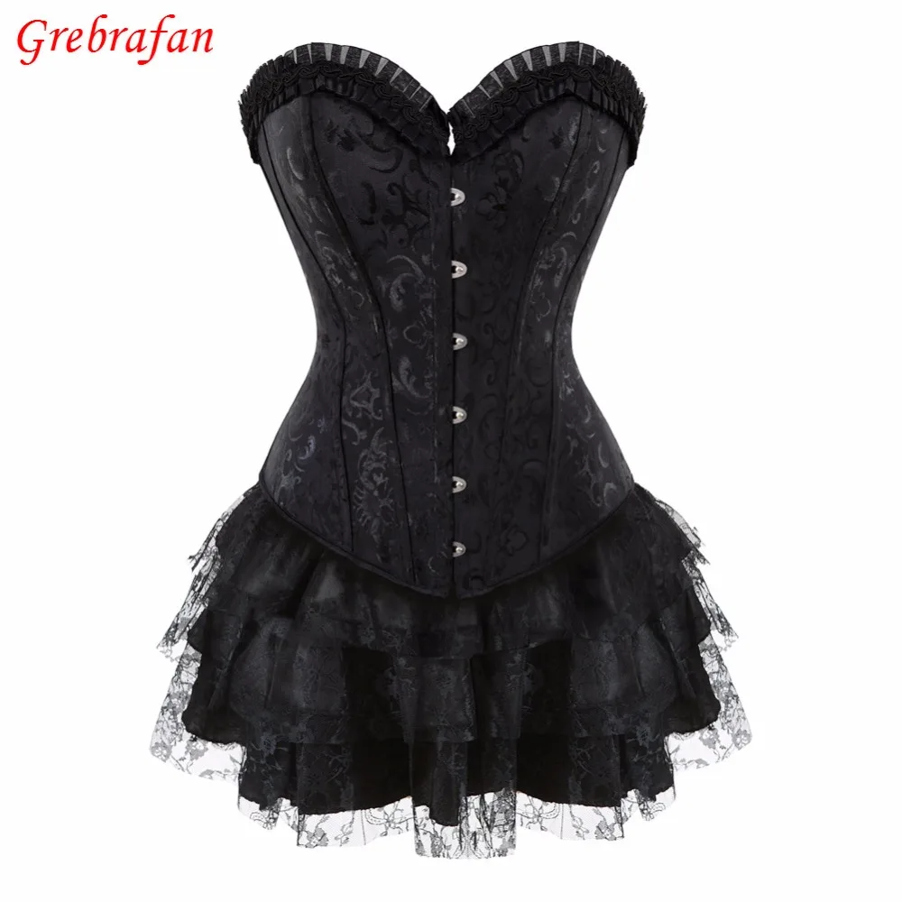 Overbust Ruffle Trim Boning Gothic Corset Dress Floral Embroidered
