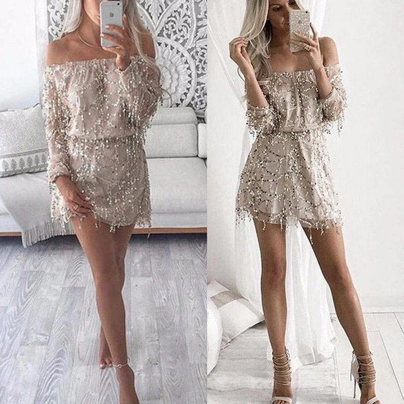 

Sexy Off Shoulder Slash Neck Hollow Out Sequined Dress Drawsting Long Sleeve Delicate Party Mini Dress Sexy Backless Dress
