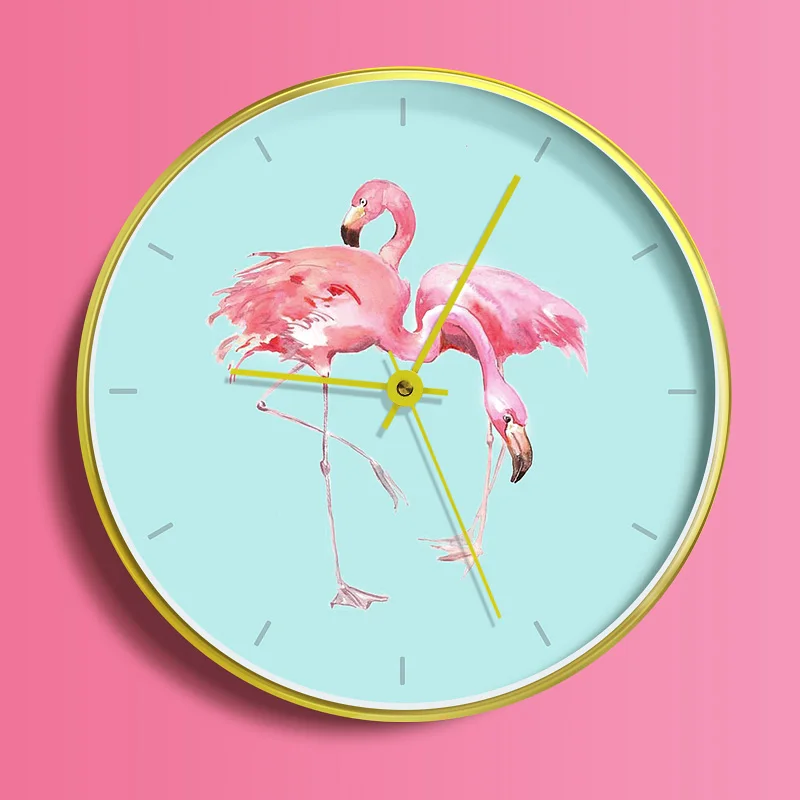 

8/12 Inch Nordic Style Modern Wall Clock Flamingos Pattern Needle Quartz Mute Fashion Metal Watch Clocks Bedroom Wall Decoration