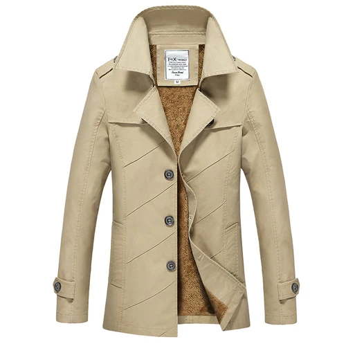 Осень Wnter Тренч средней длины пальто для мужчин Slim Fit плюс размер Толстая теплая куртка Longue Homme - Цвет: Хаки