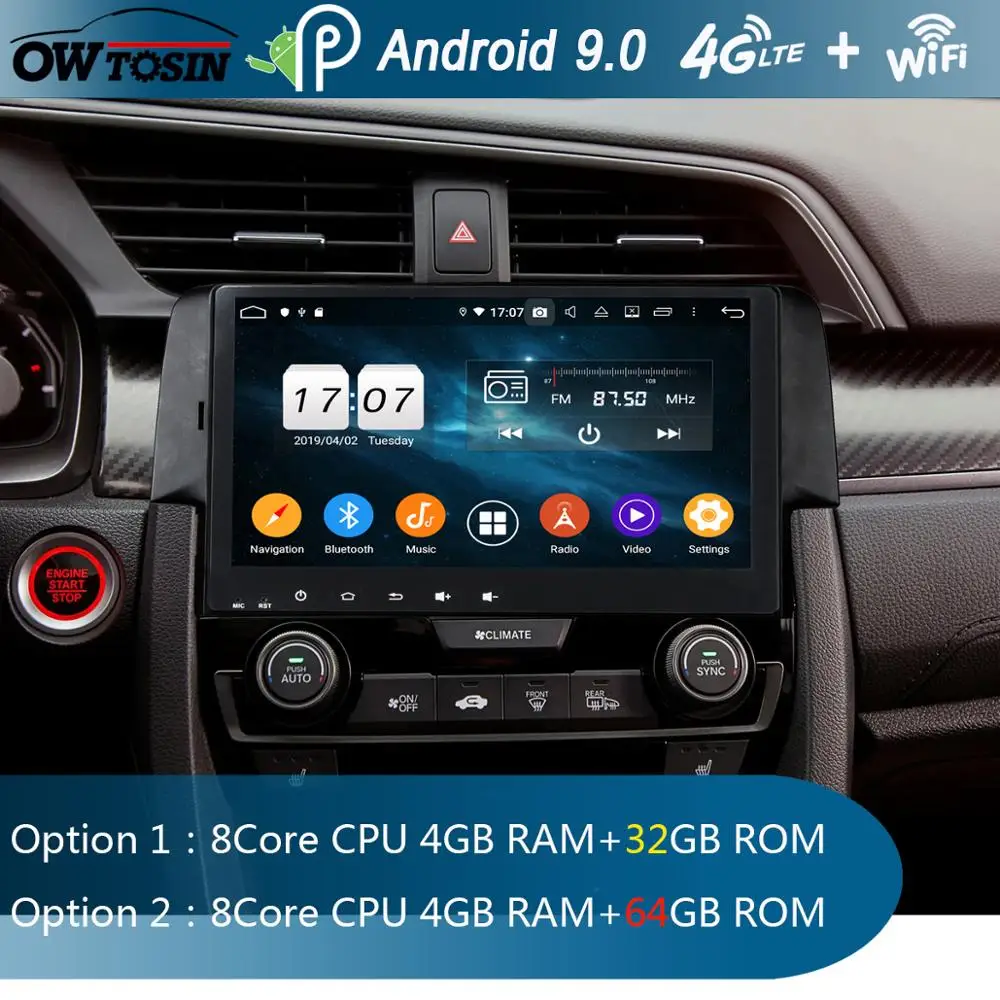 Top 9" IPS 8Core 4G+64G Android 9.0 Car DVD Multimedia Player For Honda Civic 2016 2017 2018 2019 GPS Radio Stereo CarPlay Parrot BT 1