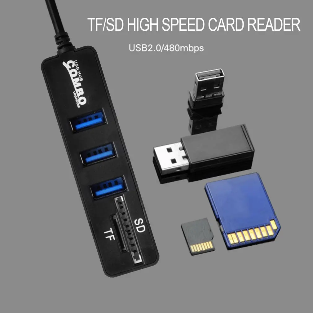 USB концентратор комбо 3 порта Высокоскоростной USB 2,0 концентратор сплиттер 2 в 1 SD/TF кардридер