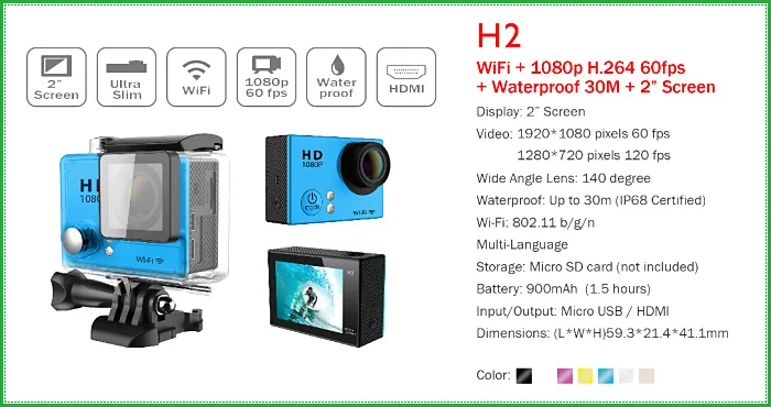 

H2R H2 Waterproof Action Camera WIFI Remote Control 4K 25Fps With 170D Wide Angle Pro Camera