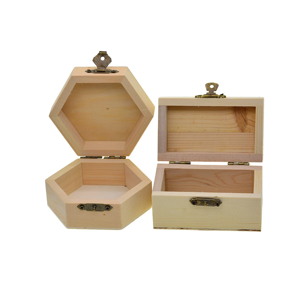 6pcs Natural Unfinished Wood Wooden Jewelry Gift Box Storage Case Organizer for DIY Painting Craft with Lid and Lock
