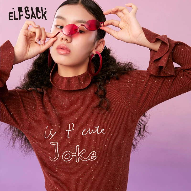  ELFSACK Letter Embroidery Turtleneck Hand Knitted Women Sweaters Autumn Fashion Skinny Female Pullo