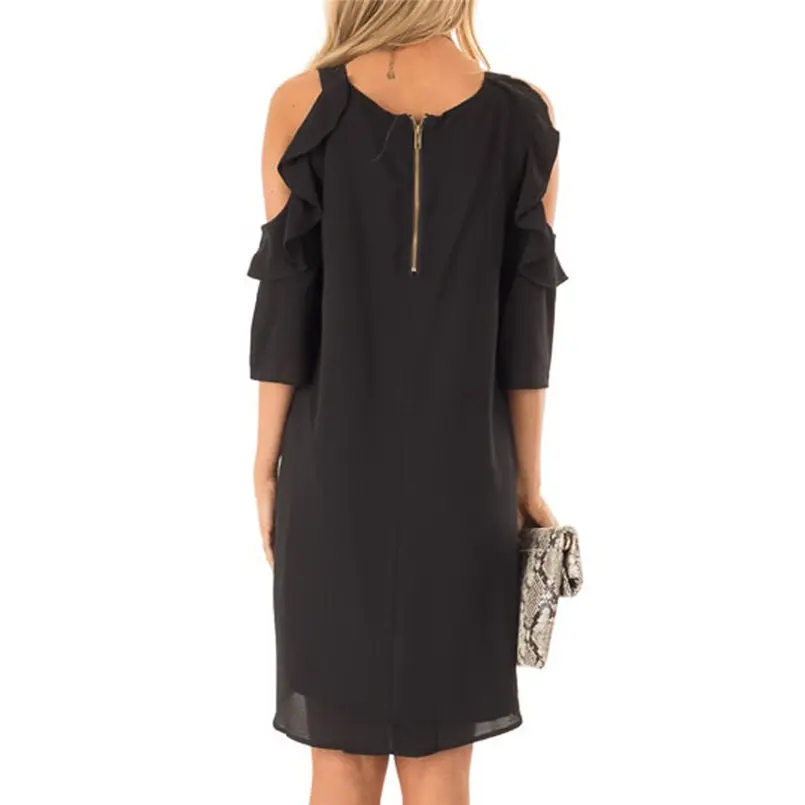 New Women Summer Ladies Strapless Shoulder Ruffle Sleeve Pure Color Summer Dress Elegant Mini Fashion Casual Vestidos #4A30 (14)
