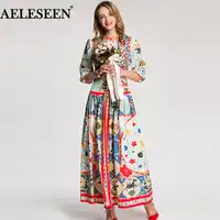 AELESEEN Luxury Print Ethnic Women Dresses 2018 Autumn Fashion Half Sleeve Multicolor New Arrival Mid-Calf Elegant Long Dress