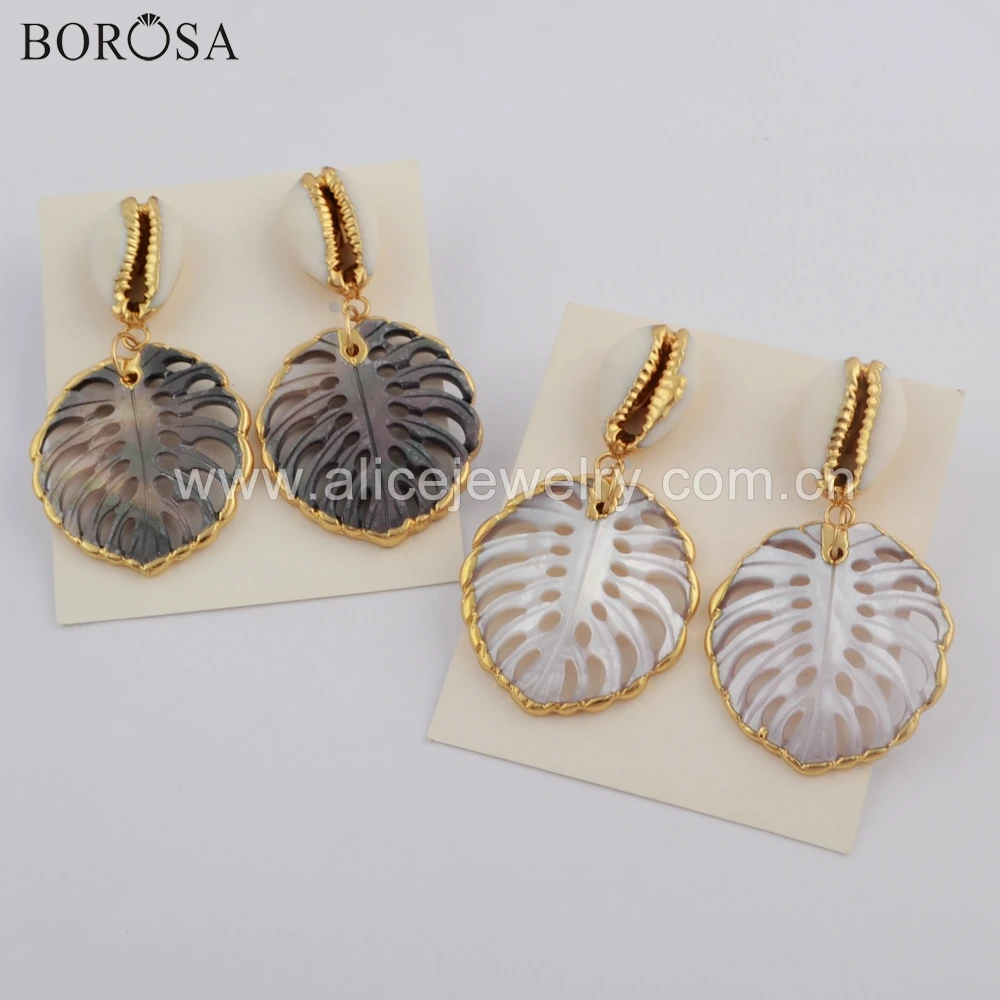 

BOROSA 3Pairs Hollow Leaf Gild Rainbow Shell Slice With Natural Cowrie Shell Earrings Mixed Colors Seashell Drop Earrings G1775