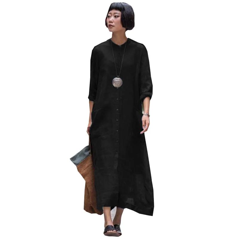 

Fashion ZANZEA Women Buttons Down Cotton Linen Shirt Dress Spring O Neck Long Sleeve Solid Party Black Long Vestido Plus Size