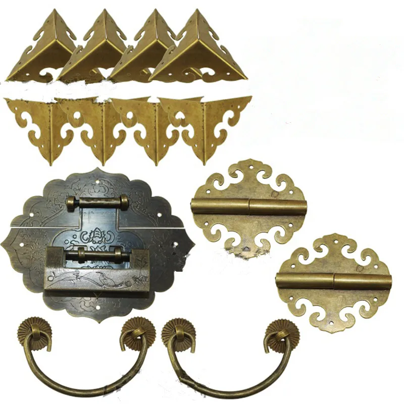 Brass Hardware Set Antique Wooden Box Knobs and Handles+Hinges+Latch+Lock+Corner Protector Furniture Decoration,Chinese Style Brass Hardware Set Antique Wooden Box Knobs and Handles+Hinges+Latch+Lock+Corner Protector Furniture Decoration,Chinese Style
