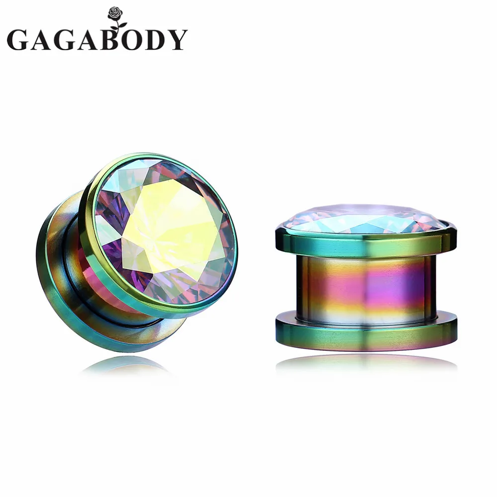 GAGABODY Retail Multicolor Ear Plugs and Tunnel AB Clear CZ Stainless