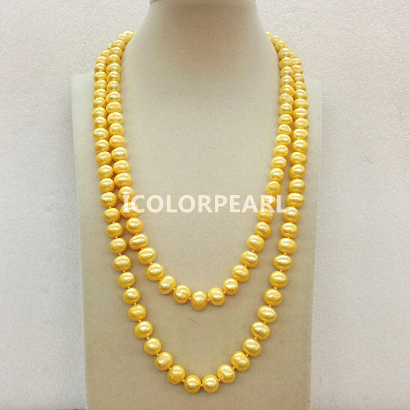 WEI цвет 120-130 см Длина 9-10 мм Nearround золотой цвет пресноводный жемчуг свитер ожерелье
