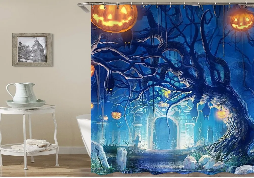 

Moonlight Graveyard Crosses Halloween Shower Curtain Evil Pumpkin Scary Bats Bathroom Curtain Happy Halloween Gifts Home Decor