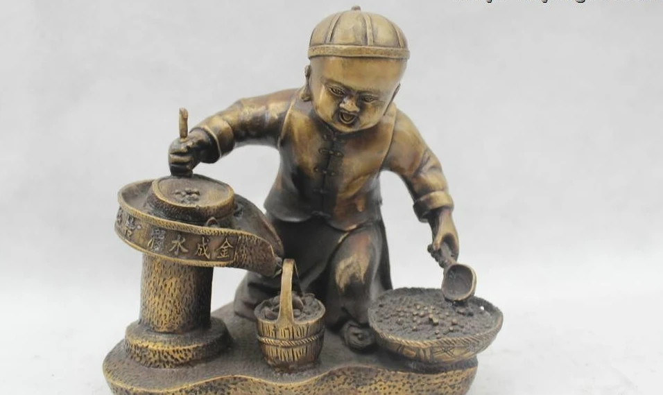 

9"Chinese Folk Pure Bronze Lucky excellent Boy Grinding Tofu Statue