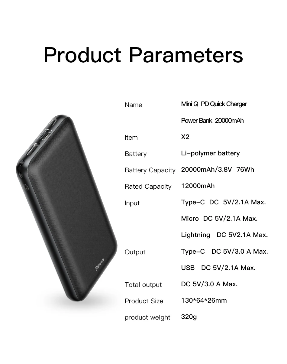 Baseus 20000 мАч mi ni power Bank для iPhone 11 Pro Max Xiao mi 20000 мАч USB C PD power bank портативное Внешнее зарядное устройство