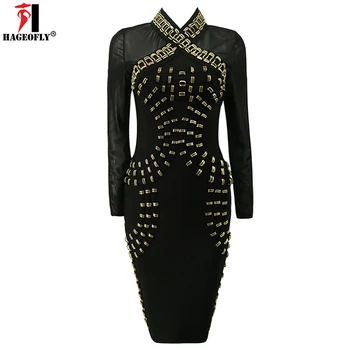 

HAGEOFLY 2017 New Arrival Long Sleeve Bandage Dress Black Beading Sexy Party Dress See Through V-Neck Bodycon Dress Vestido Lady
