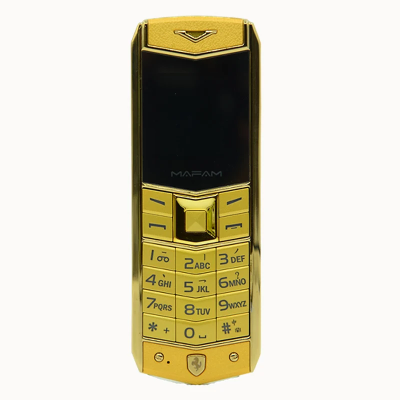 MAFAM A8 Русский Арабский испанский французский вибрации Роскошный металлический корпус автомобиля логотип мобильный телефон с двумя sim-картами кожаный чехол Подарок P234 - Цвет: gold