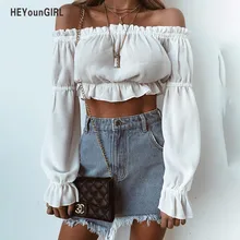 HEYounGIRL camicia a maniche lunghe svasata elegante con volant le donne vedono attraverso solido bianco Crop top Tees Casual t-shirt corta da donna