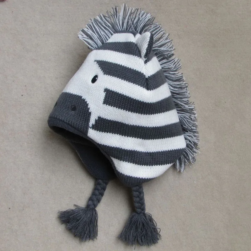 6 M-8 Years Zebra Pattern Caps for Boys Winter Hats Kids Warm Knitte Caps Ear Flaps Beanies Children's Cartoon Animal Sckullies 