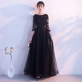 

Black Half Sleeves Appliques O-neck Elegant Tulle Flower Zipper Luxury Party Formal Dress Floor Length Evening Dress