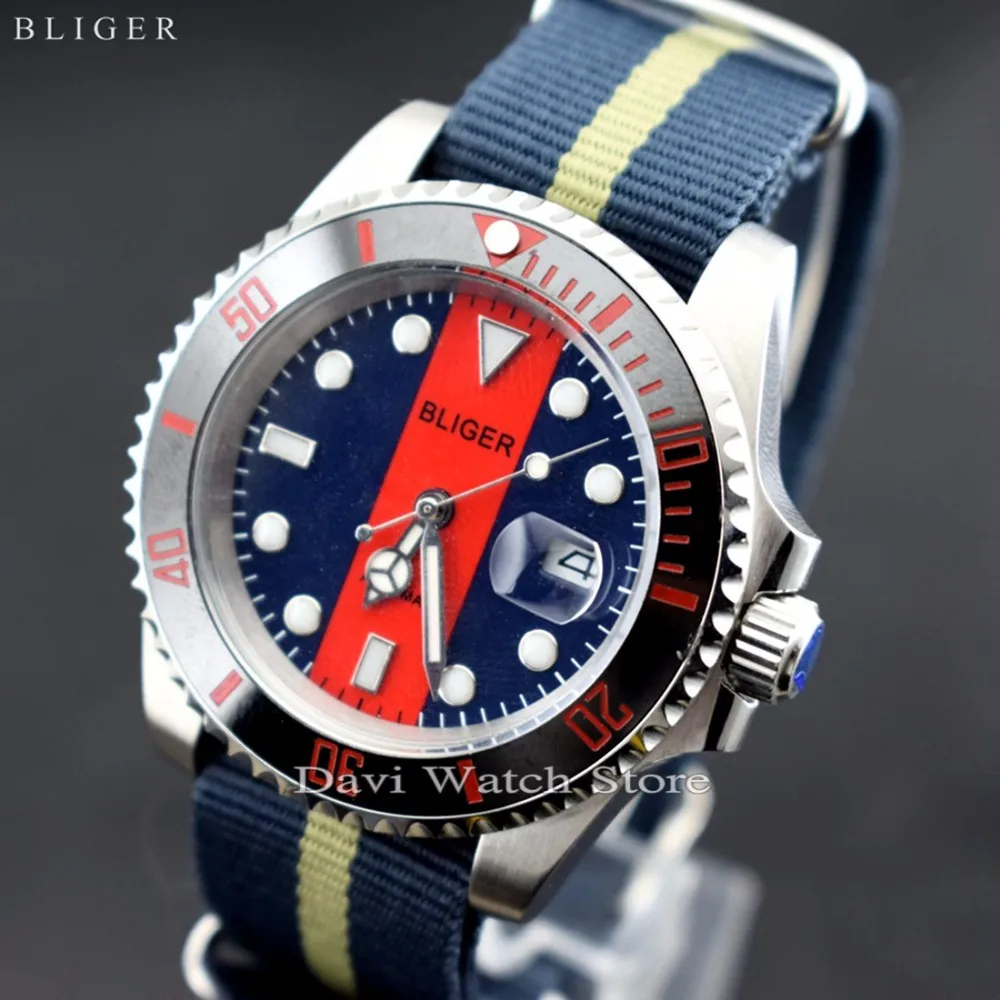 

40MM BLIGER CERAMIC BEZEL LUMINOUS SAPPHIRE AUTOMATIC DATE DAY MENS WATCH