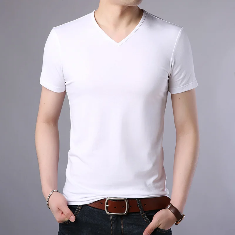 Модная Новая мужская футболка, летние топы с v-образным вырезом, белая футболка, облегающие футболки с коротким рукавом, однотонная повседневная мужская одежда - Цвет: Белый